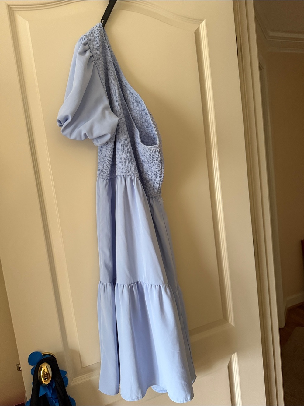 Smocked One-Shoulder Casual Dress in Light Blue